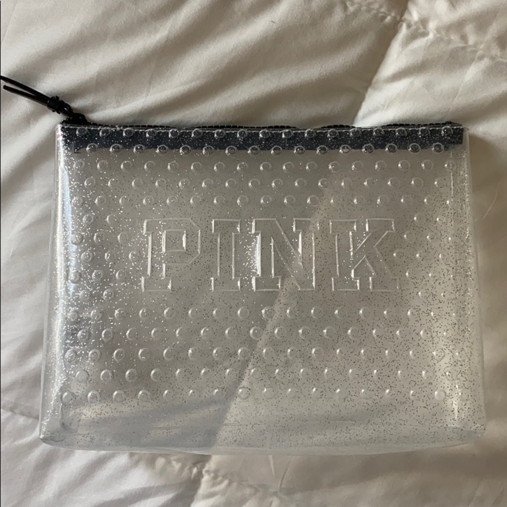XL VS Pink clear glitter makeup bag